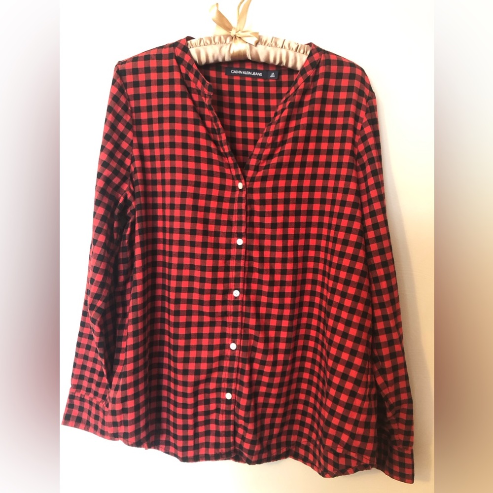 Calvin Klein Red and Black Long Sleeve Button Up Top 100% Cotton Size Large